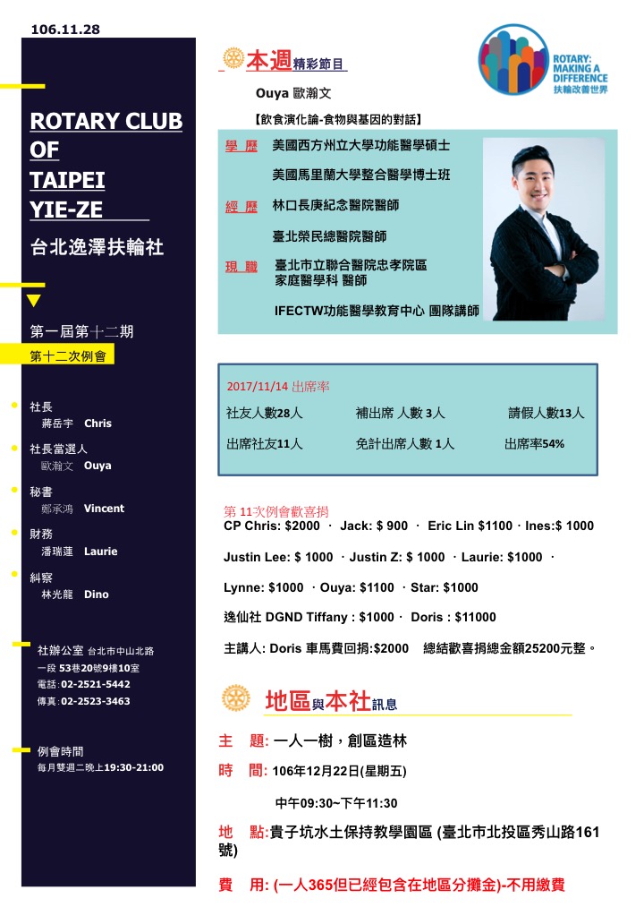 台北逸澤扶輪社第十二次例會